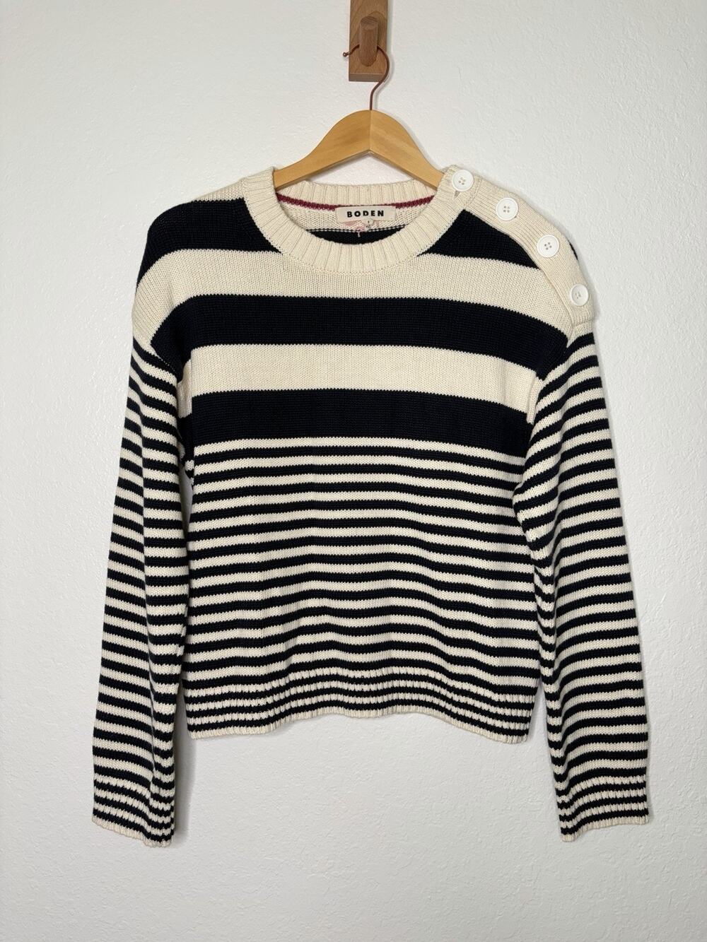 NWOT Boden Jenna Chunky Cotton Jumper Navy Cream Striped Sweater Size Small